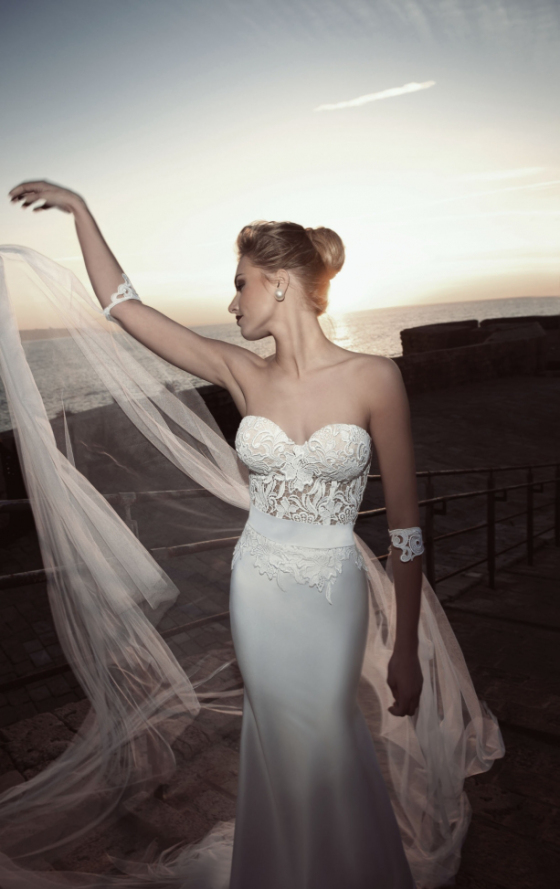 A gorgeous sheath wedding dress with a bustier lace bodice and a plain skirt plus a long and airy veil
