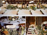 a barn fall wedding tablescape with a greenery table runner, fresh apples and pumpkins and candle lanterns