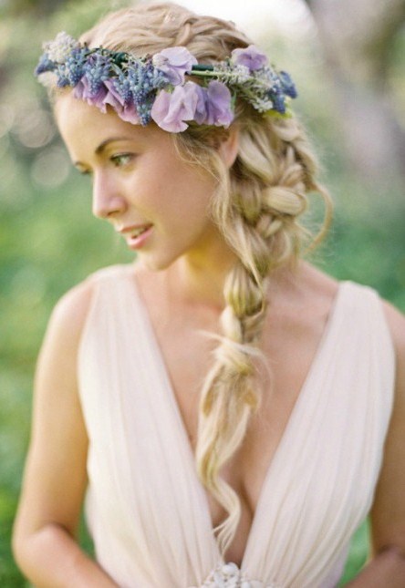 a delicate lilac and blue flower crown with spring bulbs is a lovely idea for a spring or summer bride
