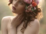 a bright floral crown with pink and orange blooms and foliage is a lovely idea for a delicate spring or summer bridal look