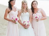 blush strapless sweetheart neckline maxi dresses with draped bodices and floral straps on one shoulder
