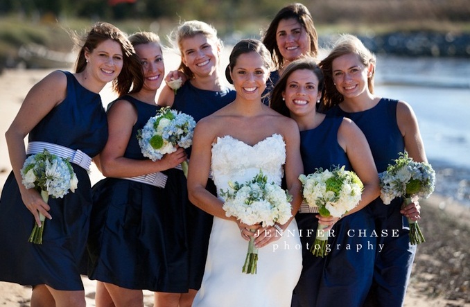 Short navy A line dresses with high necklines and no sleeves for a nautical wedding