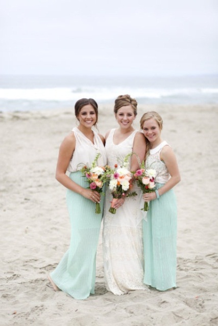 stylish casual bridesmaid separates with neutral mismatching bodices and minty green maxi skirts