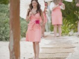 pink knee bridesmaid dresses with detailed bodices are cool, cute and very girlish