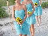 turquoise strapless mini dresses with draped bodices are a bright touch at the wedding on the beach