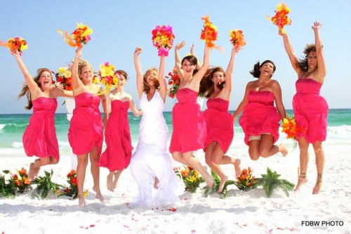 strapless hot pink short bridesmaid dresses for a colorful beach wedding