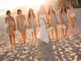 matching nude strapless mini dresses with draperies will make your bridesmaids look very chic