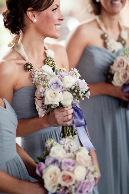lilac strapless bridesmaid dresses with draped bodices are elegant, romantic and chic