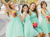 turquoise A-line bridesmaid knee dresses with thick straps and V-necklines for a bright beach wedding