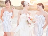 striped strapless over the knee dresses with pockets with draped bodices are cool and relaxed gowns for a beach wedding