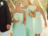 aqua knee sheath bridesmaid dresses on spaghetti straps are lovely, bright and very beach-like