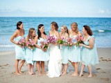 mismatching aqua bridesmaid A-line dresses will perfectly match a beach wedding and show off the personal style of each gal