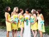 mismatching lemon yellow short bridesmaid dresses will bring much color to the wedding and make it fun
