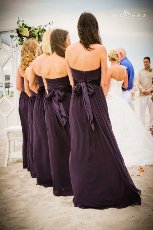 strapless deep purple maxi bridesmaid dresses with draped bodices are lovely, refined and chic