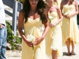 strapless yellow bridesmaid dresses with draped bodices and asymmetric skirts are very lovely