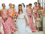 bright pink strapless printed maxi bridesmaid dresses for a colorful beach wedding
