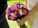 a classic summer wedding bouquet of roses and peony roses, in neutrals, pink and hot pink is a lovely idea for a summer celebration