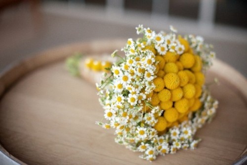 a bold summer wedding bouquet of billy balls and white chamomiles is a lovely idea for a relaxed and rustic summer wedding