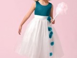 a teal and white sleeveless A-line dress with teal flowers on wide straps is a chic flower girl dress idea