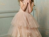 a dusty pink midi dress with floral appliques and a tiered tulle skirt plus matching flats for a girlish and chic flower girl look