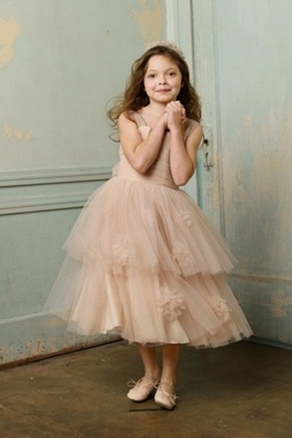a dusty pink midi dress with floral appliques and a tiered tulle skirt plus matching flats for a girlish and chic flower girl look