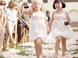 blush over the knee flower girl dresses with fabric blooms and spaghetti straps for a beautiful girlish look