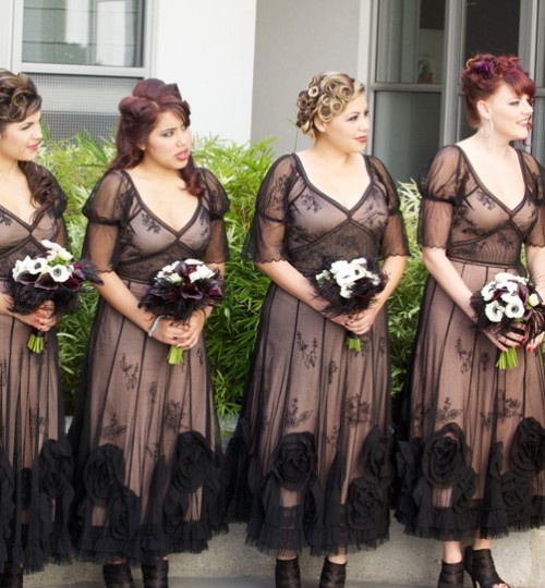 black and white midi A-line bridesmaid dresses with floral and lace appliques, deep necklines and short sleeves for non-typical bridesmaid looks