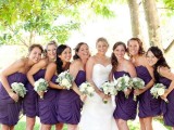 purple strapless draped short bridesmaid dresses can be a nice choice for a Halloween wedding