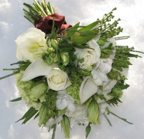 a bold wedding bouquet in green and white, with dimension and much texture