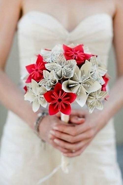 a neutral and red paper bloom wedding bouquet is a durable and stylish idea for a non-typical bride