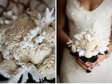 a creative winter wedding bouquet of fabric blooms and white corals looks as if it’s frozen