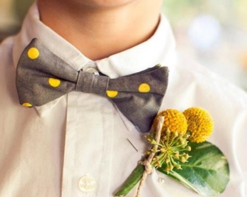 a playful grey and yellow polka dot bow tie with a billy ball boutonniere will spruce up any neutral outfit