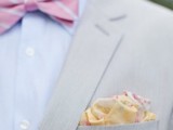 a neutral suit, a pink striped bow tie and a peachy handkerchief for a light and cheerful spring or summer groom’s outfit