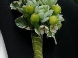 a creative succulent, berry and greenery wedding boutonniere is a cute and stylish accessory