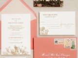 a coral wedding invitation suite with a cactus card is a nice and bold idea for a bright summer wedding