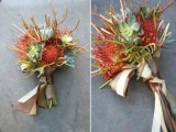a creative wedding bouquet of pincushion proteas and succulents is bright and cool and looks outstanding