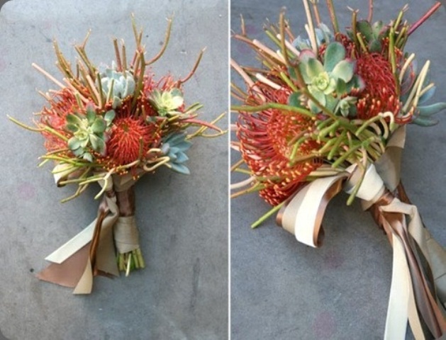 A creative wedding bouquet of pincushion proteas and succulents is bright and cool and looks outstanding