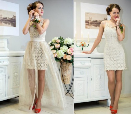 a crochet lace mini dress with straps and a sheer overskirt for a playful and cool bridal look