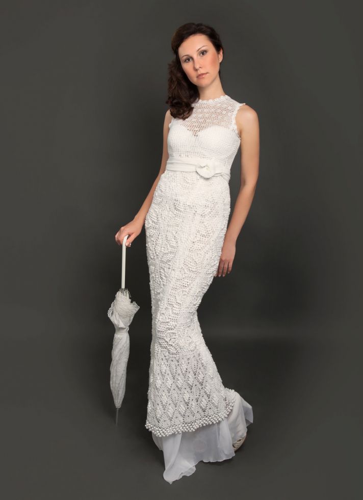a vintage sleeveless crochet maxi wedding dress with embellishments is a pretty idea for a vintage loving bride