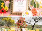 a whimsical garden bridal shower tablescape with a pink tablecloth and yellow petals, a bold yellow and pink floral arrangement and chairs with yellow tuffle covers