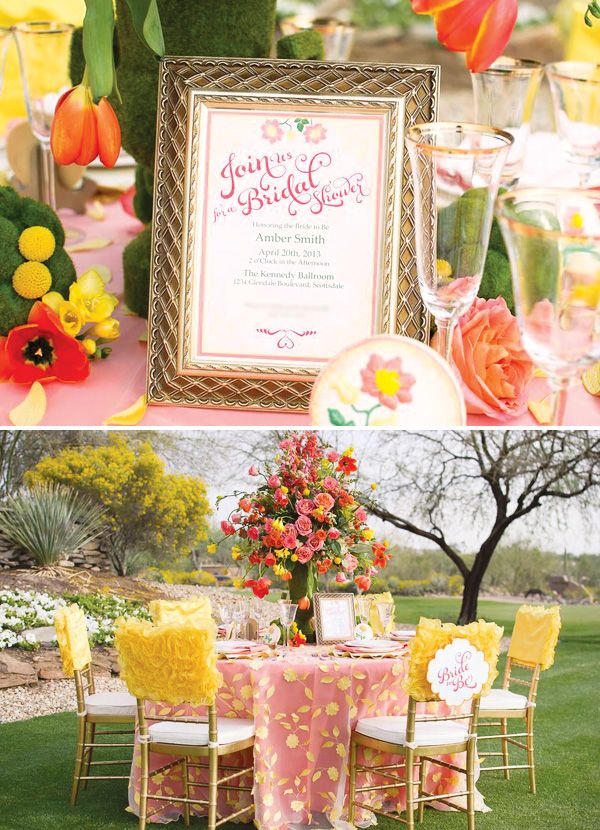 A whimsical garden bridal shower tablescape with a pink tablecloth and yellow petals, a bold yellow and pink floral arrangement and chairs with yellow tuffle covers