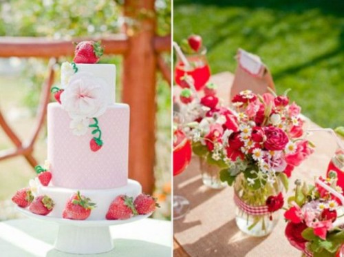 bold florals and a pretty strawberry cake with sugar bloos and sugar and real strawberries for a garden bridal shower