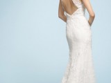 a modern romantic mermaid wedding dress with a high neckline, a keyhole back, a short train for a romantic bride
