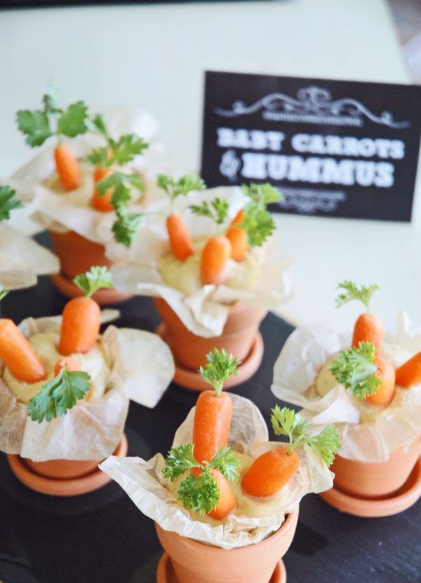 carrots with hummus are a great spring bridal shower food idea, they are healthy and very cool
