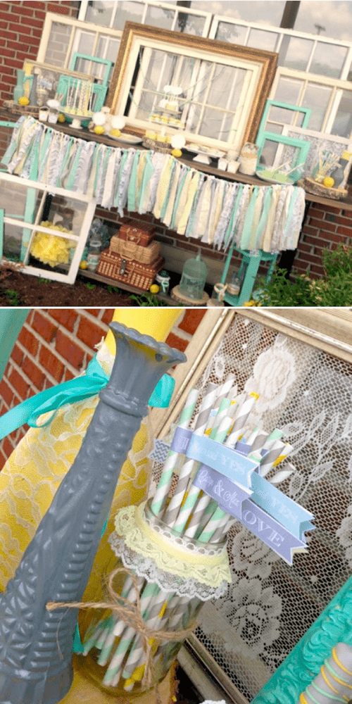 a vintage turquoise and yellow dessert table with buntings and garlands, lemons and cupcake stands is an awesome idea