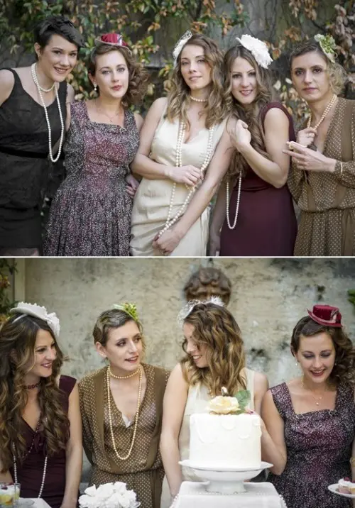 vintage bridal shower looks with beautiful dresses, pearl strands and floral headpieces are amazing for a vintage bridal shower