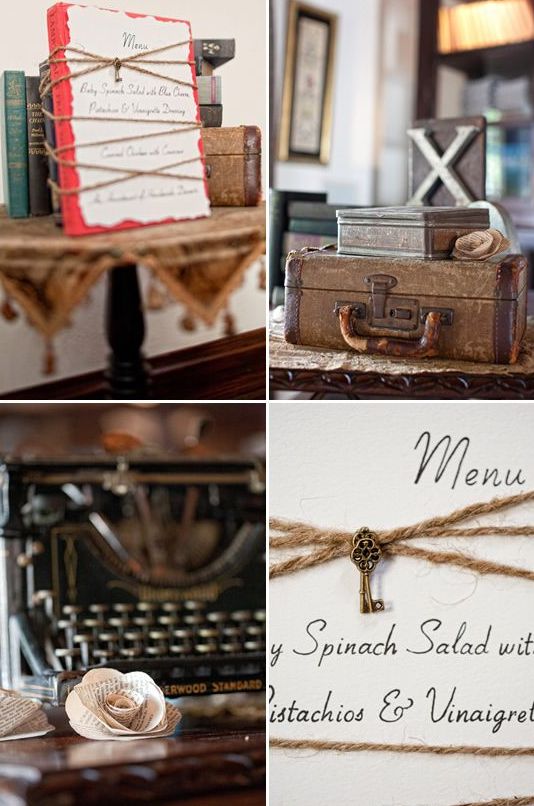 Vintage bridal shower or wedding decor with vintage books, a typewriter, some suitcases and stationery is lovely and easy to compose