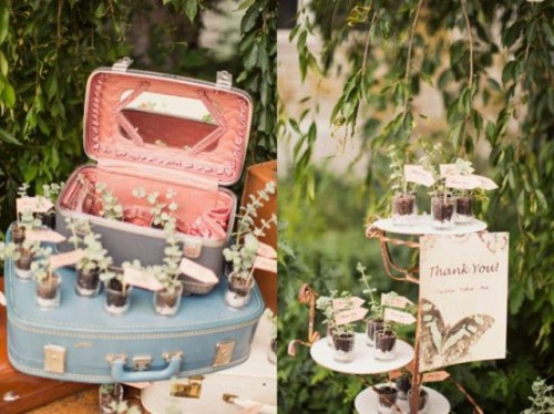 a vintage suitcase with potted greenery is a creative way to give your bridal shower favors