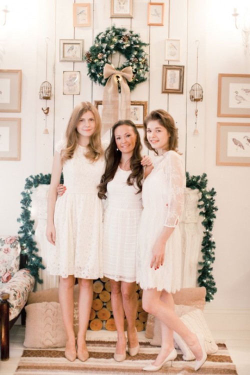 all the gals wearign white lace dresses and nude shoes for a classic and chic winter shower look