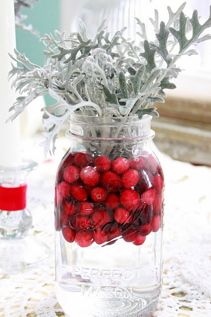 a jar with cranberries and pale millet is a cool idea of a centerpiece with a strong holiday feel